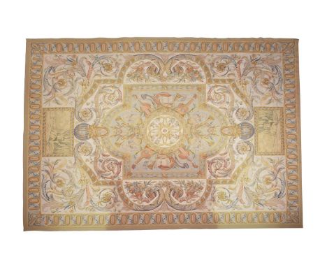 AN AUBUSSON STYLE TAPESTRY RUG approximately 383cm x 276cm  Condition Report:  Fading and colour variation to the rug from ex