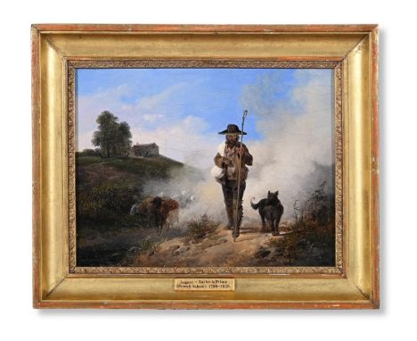 AUGUSTE XAVIER LE PRINCE 1799-1826 SHEPHERD AND FLOCK Oil on canvas Signed and dated '1823' (lower right)  18 x 23cm (7 x 9 i