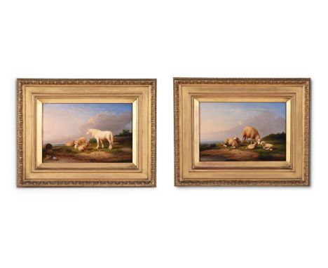 FRANZ VANSEVERDONCK (BELGIAN 1809-1889) HORSE AND SHEEP ON GRASSY HUMMOCKS  Oil on panel, a pair Signed and dated '1888' (low