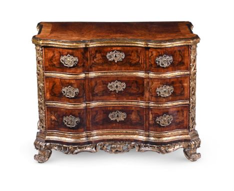 A SOUTH GERMAN WALNUT AND PARCEL GILT COMMODE  SECOND HALF 18TH CENTURY Of arc en arbalete outline, with arrangement of three