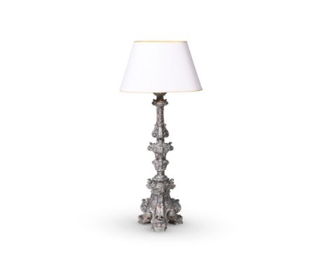 A SILVERED WOOD PRICKET CANDLESTICK  18TH CENTURY AND LATER CONVERTED TO ELECTRICITY  107cm high 
