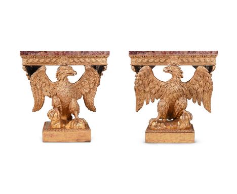 A NEAR PAIR OF GILTWOOD CONSOLE TABLES IN GEORGE II STYLE  19TH CENTURY Each with a later pink variegated alabaster and marbl