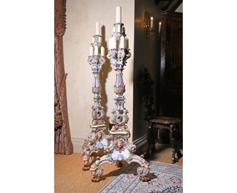 A LARGE PAIR OF MEISSEN PORCELAIN FLOOR STANDING CANDELABRA  LATE 19TH CENTURY After a pair made for Augustus the Strong, Ele