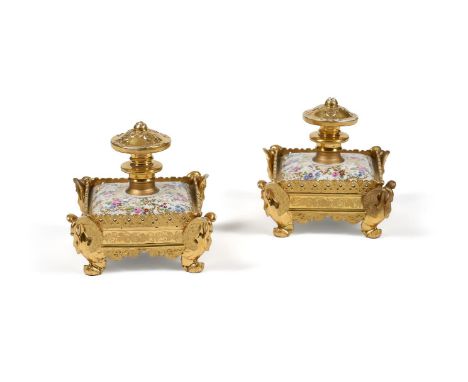 A PAIR OF PARIS PORCELAIN CUSHION-SHAPED SCENT BOTTLES AND STOPPERS THIRD QUARTER 19TH CENTURY Un-marked, 14.5cm x 15cm x 15c