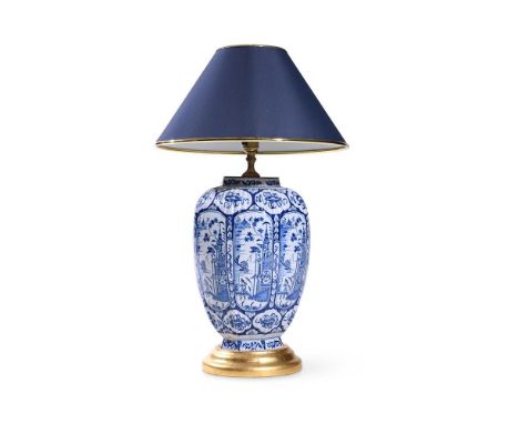 A DUTCH DELFT BLUE AND WHITE CHINOISERIE OCTAGONAL SECTION OVOID VASE  THE VASE 18TH CENTURY, LATER ADAPTED AS A LAMP AND FIT
