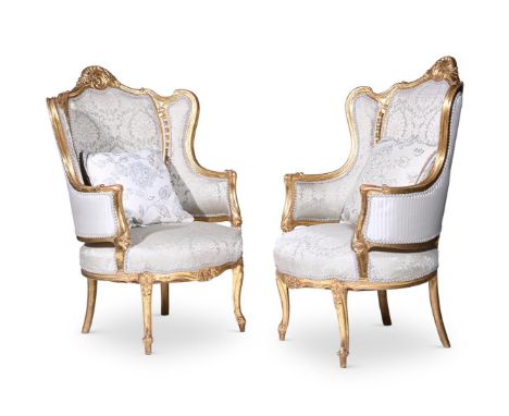 A PAIR OF GILTWOOD AND GREEN FLORAL UPHOLSTERED ARMCHAIRS IN LOUIS XVI STYLE  CIRCA 1900  111cm high   Condition Report:  Mar