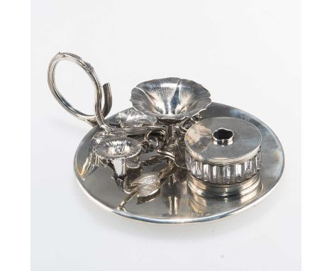AN EARLY VICTORIAN SILVER TRAVELLING INKWELL by John &amp; Henry Lias, London 1843, circular with scrolling stalk handle and 