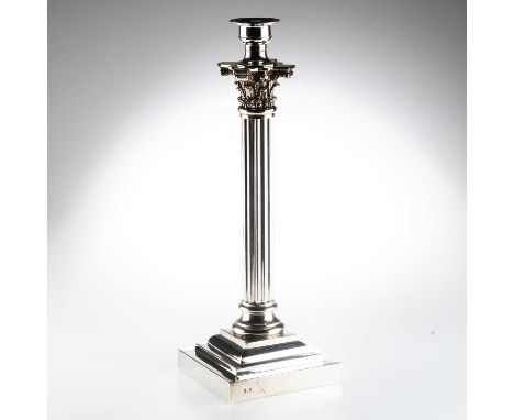 A VICTORIAN SILVER-PLATED CORINTHIAN COLUMN LAMP BASE with stepped square base, engraved initials G.S. 43cm high