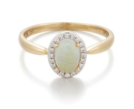 AN 18 CARAT GOLD OPAL AND DIAMOND CLUSTER RING an oval opal within a border of round brilliant-cut diamonds. Hallmarked Londo