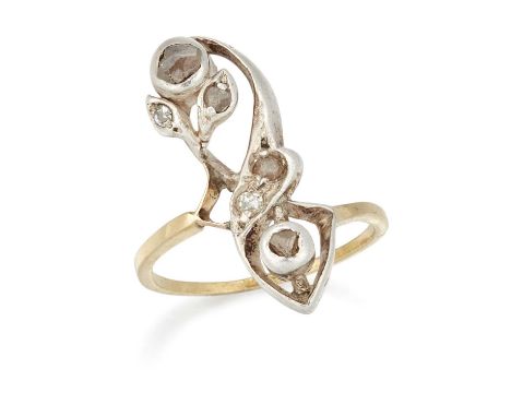 A DIAMOND CROSSOVER RING rose-cut diamonds with a foliate scroll bezel. Ring size M1/2, 4.3 gramsConverted into a ring from a