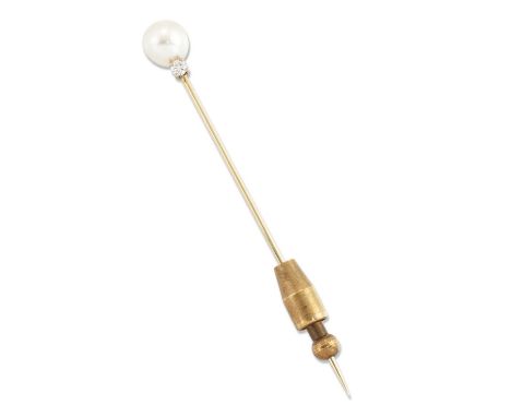 A CULTURED PEARL AND DIAMOND STICK PIN a cultured pearl above a round brilliant-cut diamond. Marked '585', 1.5 gramsGood cond