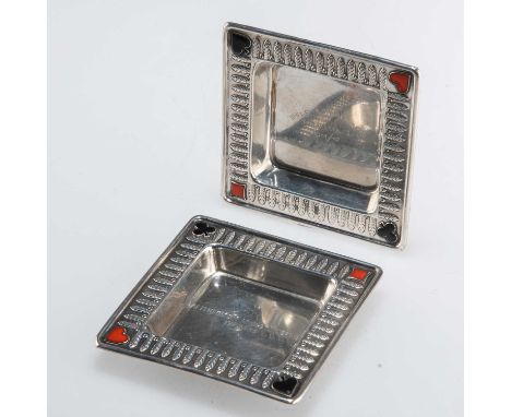 A PAIR OF NORWEGIAN SILVER AND ENAMEL DISHES square, inscribed AFTENPOSTENS BRIDGETURNERING 1938-39 and OSLO BRIDGEKRETS PARA