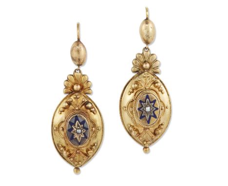 A PAIR OF VICTORIAN SEED PEARL AND ENAMEL PENDANT EARRINGS pendant drops with beaded decoration and seed pearls within blue e