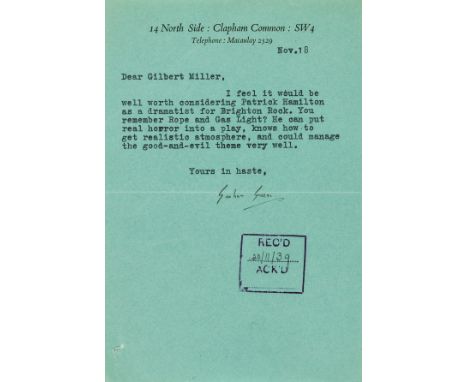 NO RESERVE Greene (Graham) T.L.s to Gilbert Miller, headed notepaper, Nov. 18, letter to Gilbert Miller, reading in part "I f