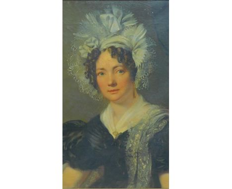 An early 19th century gilt framed oil portrait of Sarah Mair, inscription verso, on canvas. 69x80cm. 
