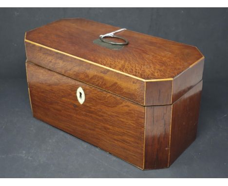 A Regency mahogany and box wood inlaid tea caddy, with ivory escutcheon, H.16 W.30 D.15cm (some damage)