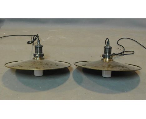A pair of industrial style circular brass ceiling light pendants, D.40cm 
