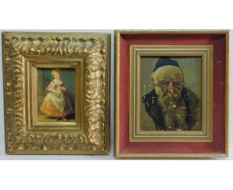 A gilt framed print of a girl and an oil portrait. 31x35cm.