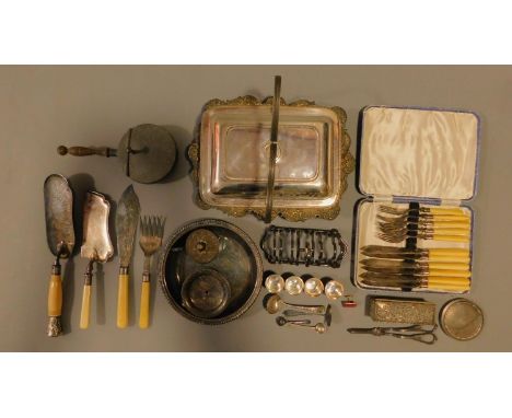 A large collection of silver plated items to include fish servers, crumb scoops, whiskey tots etc. 