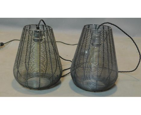 A pair of industrial style wire mesh ceiling light pendants, H.30 D.23cm 