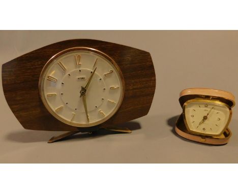 A vintage Metamac mantel clock and a similar vintage cased travelling clock. 16x22cm