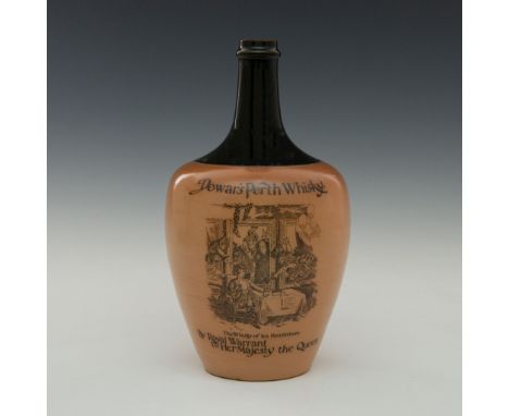 Large deep green, light brown salt glazed barrel jug with handle.Advertising ware produced for and stamped to front DEWAR'S P