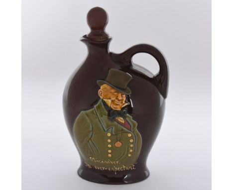 High relief portrait of Micawber from Charles Dickens series.Front of jug embossed MICAWBER. THE EVER EXPECTANT. Marked EXPOR