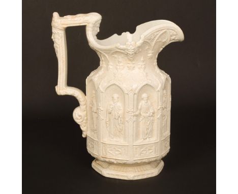 Gothic Revival style raised figures in architectural niches.An iconic mid-10th century saltglaze jug depicting eight saints, 