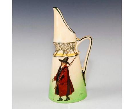 Early 20th c. fishing themed pitcher. Marked D2704.Depicts fisherman inspired by THE COMPLEAT ANGLER by Isaac (Izaak) Walton,