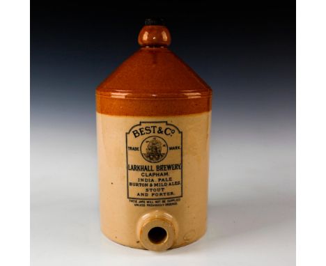 Large dark and light brown salt glazed barrel jug with handle.Advertising ware produced for and stamped to front BEST &amp; C