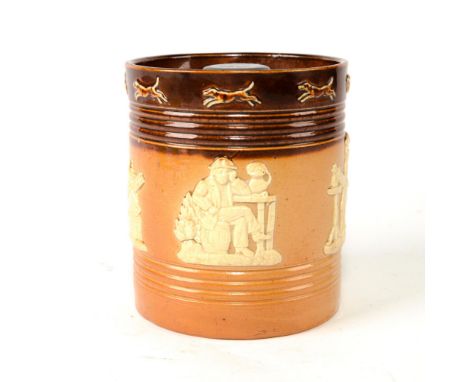 Applied relief decorations of hunting hounds and other figures.Light and dark brown colorway. Royal Doulton impressed backsta