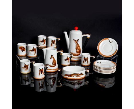 Includes 8 saucers, 8 cups, coffee pot, milk jug and sugar bowl.Each piece handpainted with fox in various poses and hunting 