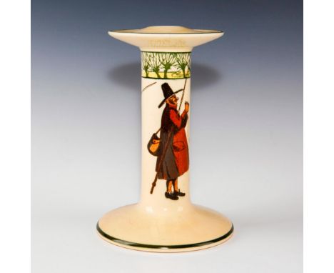 Early 20th c. fishing themed candlestick. Marked D2312.Depicts fisherman inspired by THE COMPLEAT ANGLER by Isaac (Izaak) Wal