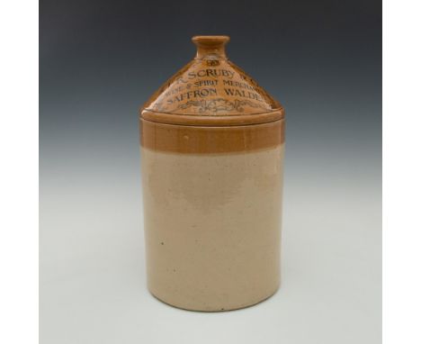 Large cream and light brown salt glazed barrel jug.Advertising ware produced for and stamped to front T.R. SCRUBY &amp; CO. W