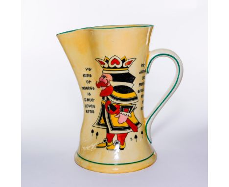 A card-playing king with sword on yellow ground.Doulton backstamp.  Issued: 20th c. Dimensions: 9"H Manufacturer: Royal Doult