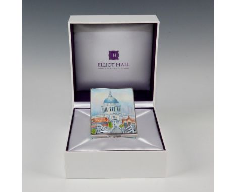 London themed large square enamel box.Designed and freehand painted by Peter Graves. The box is trimmed in silver with a clas