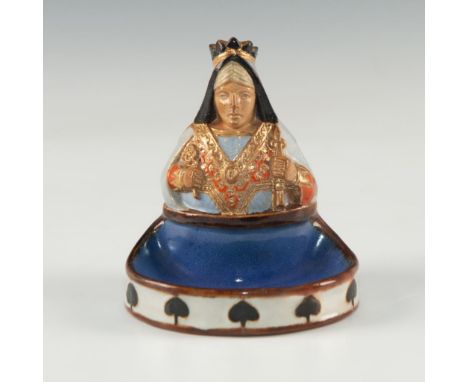 Highly decorated in blue, gold, orange, black with spade motif.Bust of playing card Queen of Spade on a round shaped stonewar