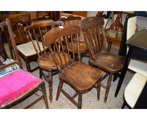 COLLECTION OF FOUR VARIOUS STICK AND SLAT BACK SOLID SEAT CHAIRS