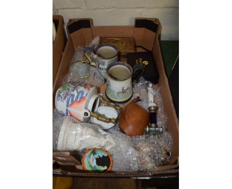 BOX OF MAINLY CERAMIC ITEMS ETC INCLUDING TWO TANKARDS DECORATED WITH HUNTING SCENES