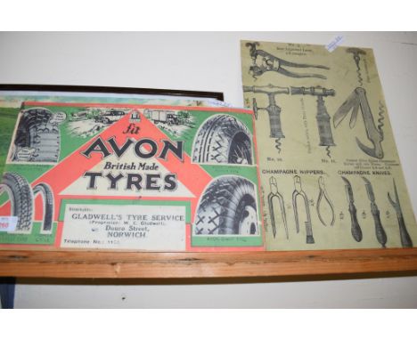 VINTAGE CARDBOARD AVON TYRES SIGN AND SIMILAR SIGN DEPICTING CORKSCREWS AND CHAMPAGNE KNIVES ETC