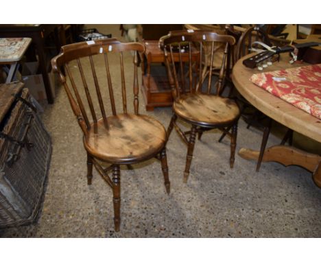 PAIR OF EARLY 20TH CENTURY SOLID SEAT STICK BACK DINING CHAIRS