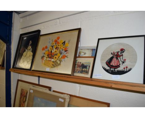 VINTAGE TINSEL TYPE PICTURE AND OTHER EMBROIDERED PICTURES AND PRINTS (5)