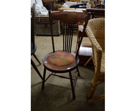 EDWARDIAN ARTS AND CRAFTS INFLUENCED BEDROOM CHAIR WITH STICK BACK UPHOLSTERED TOP RAIL AND SEAT