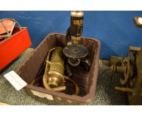 SMALL BOX CONTAINING A MICROSCOPE AND OTHER ITEMS