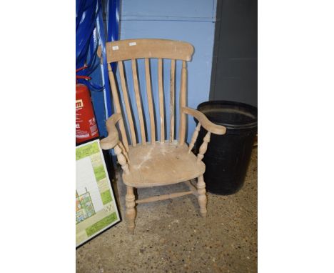 VINTAGE STRIPPED KITCHEN ARMCHAIR WITH SLAT BACK AND SOLID SEAT