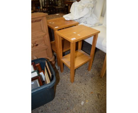 PAIR OF LIGHT OAK TWO-TIER SIDE TABLES, 35CM WIDE