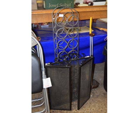 MODERN WROUGHT IRON FIRE SCREEN AND A METAL WINE RACK