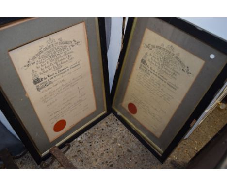 TWO VINTAGE FRAMED CERTIFICATES FROM THE ROYAL COLLEGE OF ORGANISTS