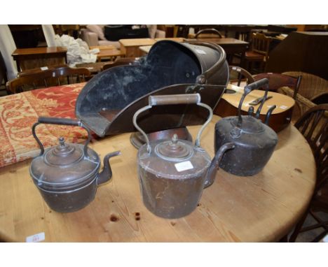 THREE VINTAGE COPPER KETTLES AND A COAL CHUTE