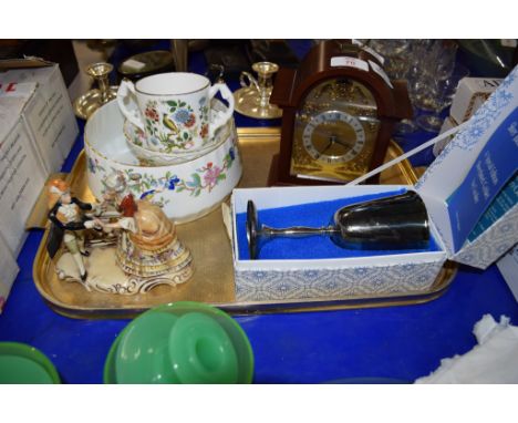 TRAY CONTAINING CERAMICS AND A MANTEL CLOCK